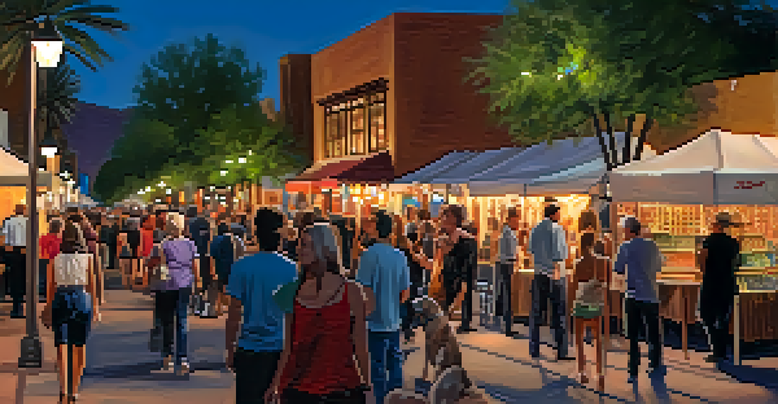 An evening art walk with illuminated galleries and people admiring various artworks, set against a lively backdrop of music.