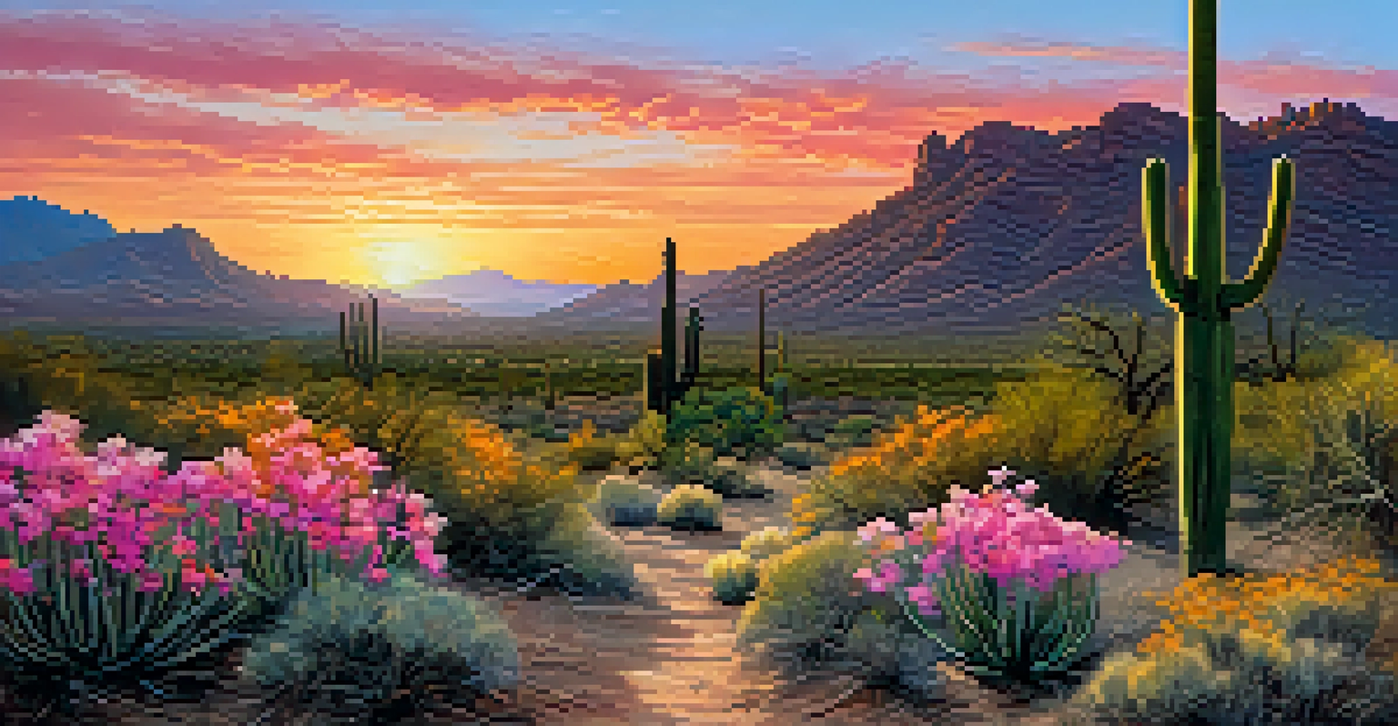 A vibrant sunrise over the desert, with saguaro cacti and wildflowers silhouetted against a colorful sky.