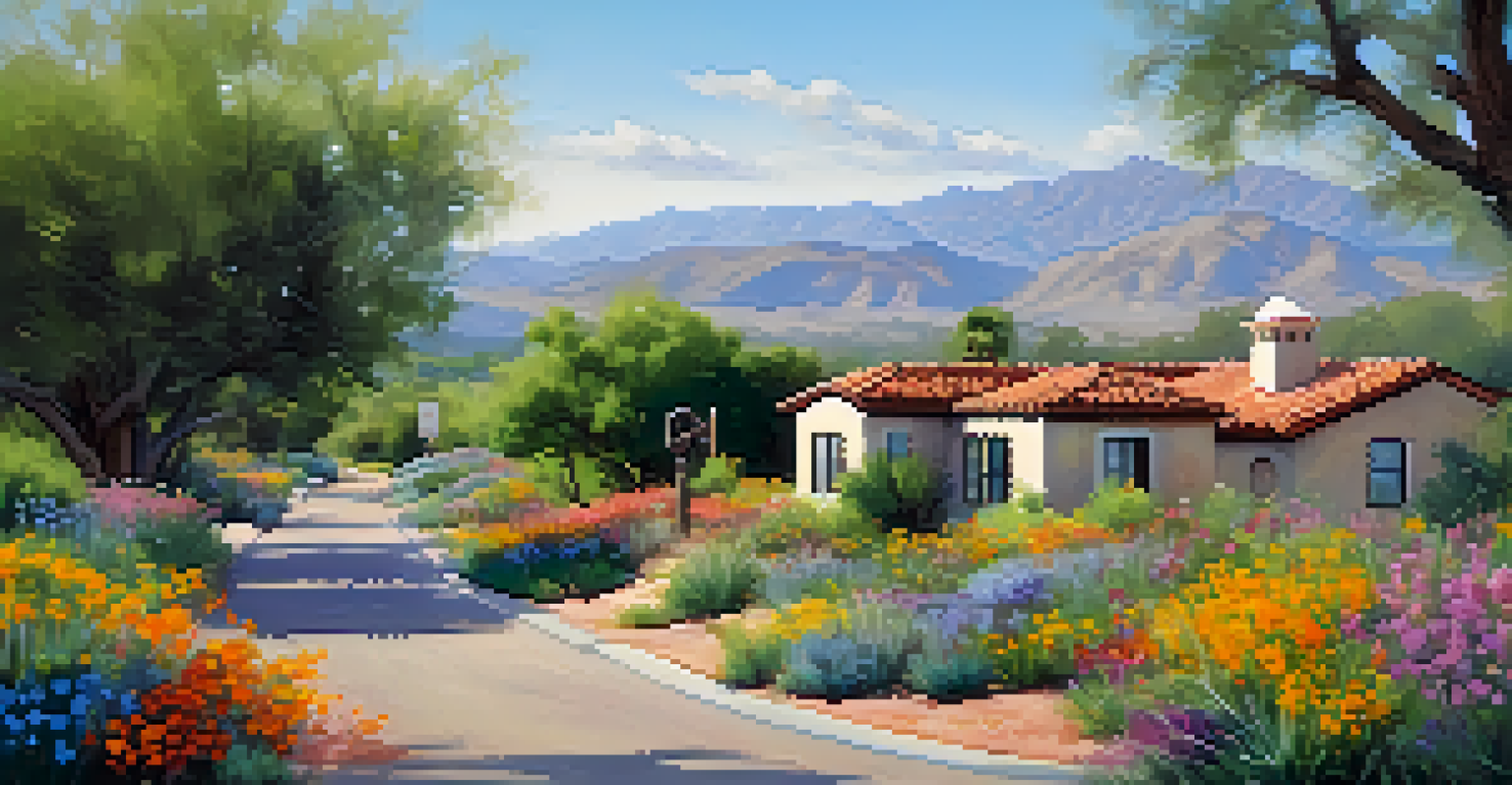A view along Pima Road Loop showcasing charming homes, lush gardens, and colorful wildflowers in spring.
