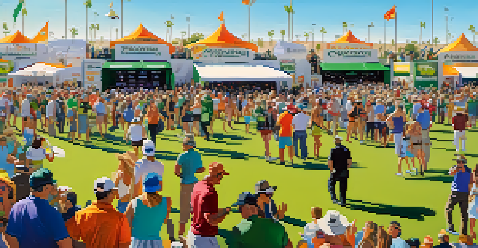 A vibrant golf tournament scene with live music, food trucks, and an energized crowd enjoying the festivities.
