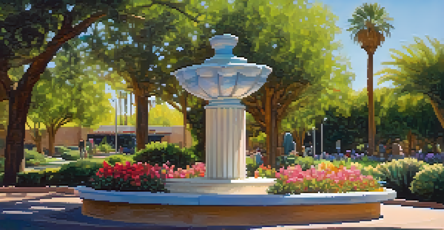 A detailed view of a colorful sculpture in Scottsdale Civic Center, framed by greenery and flowers under a blue sky.
