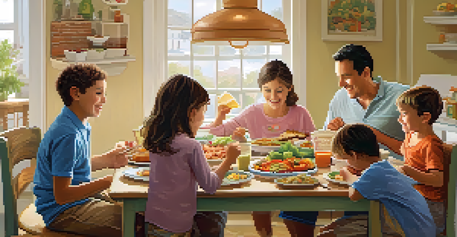 A family at a dining table discussing healthy menu options, with children involved in the decision-making process.
