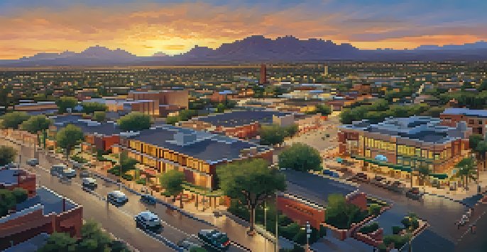 Aerial view of Scottsdale, Arizona, highlighting housing developments and interactions between military personnel and locals during World War II.