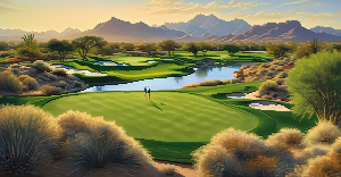 A scenic winter golf course in Scottsdale with golfers playing under a clear blue sky and green fairways.