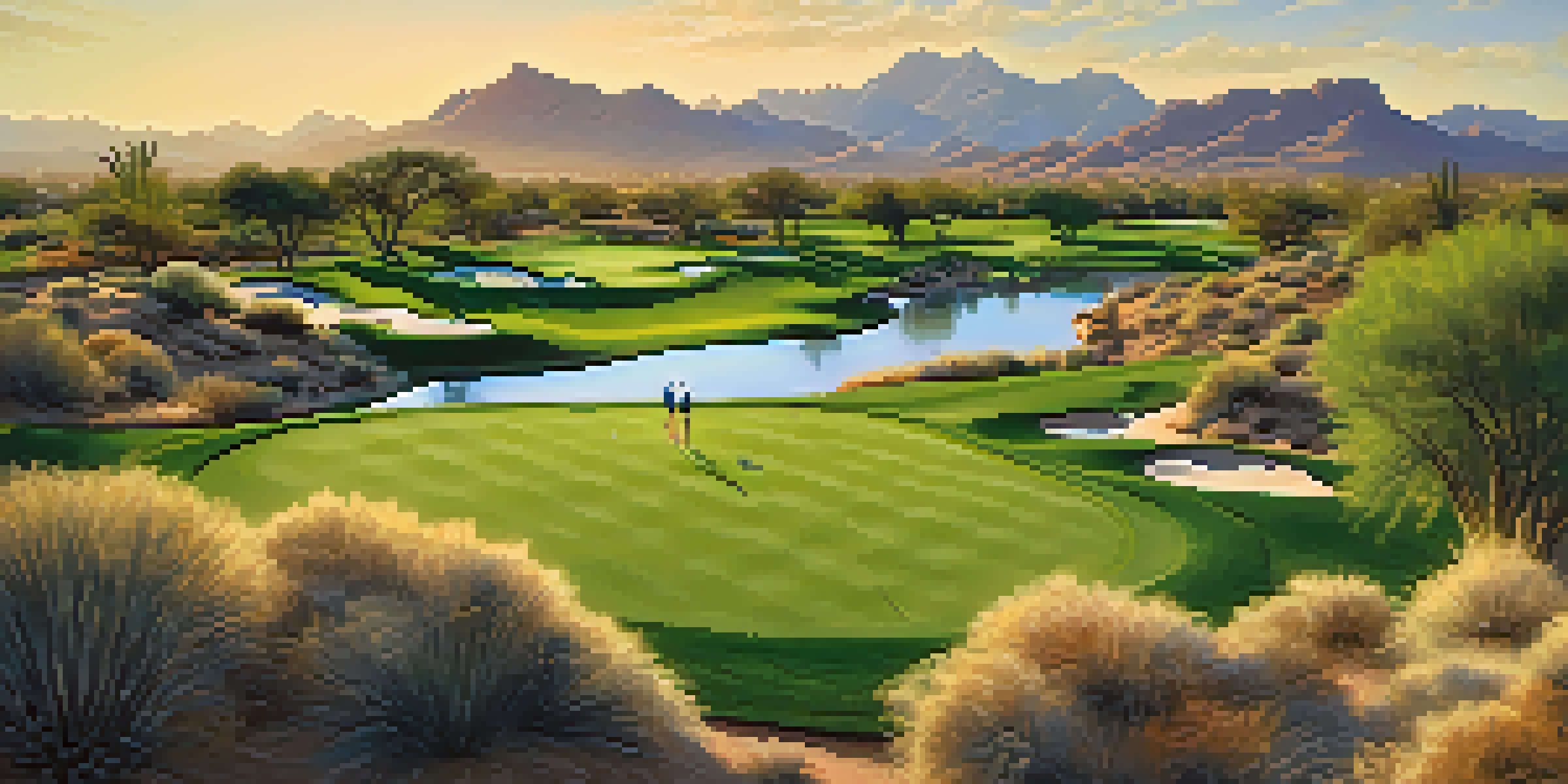 A scenic winter golf course in Scottsdale with golfers playing under a clear blue sky and green fairways.