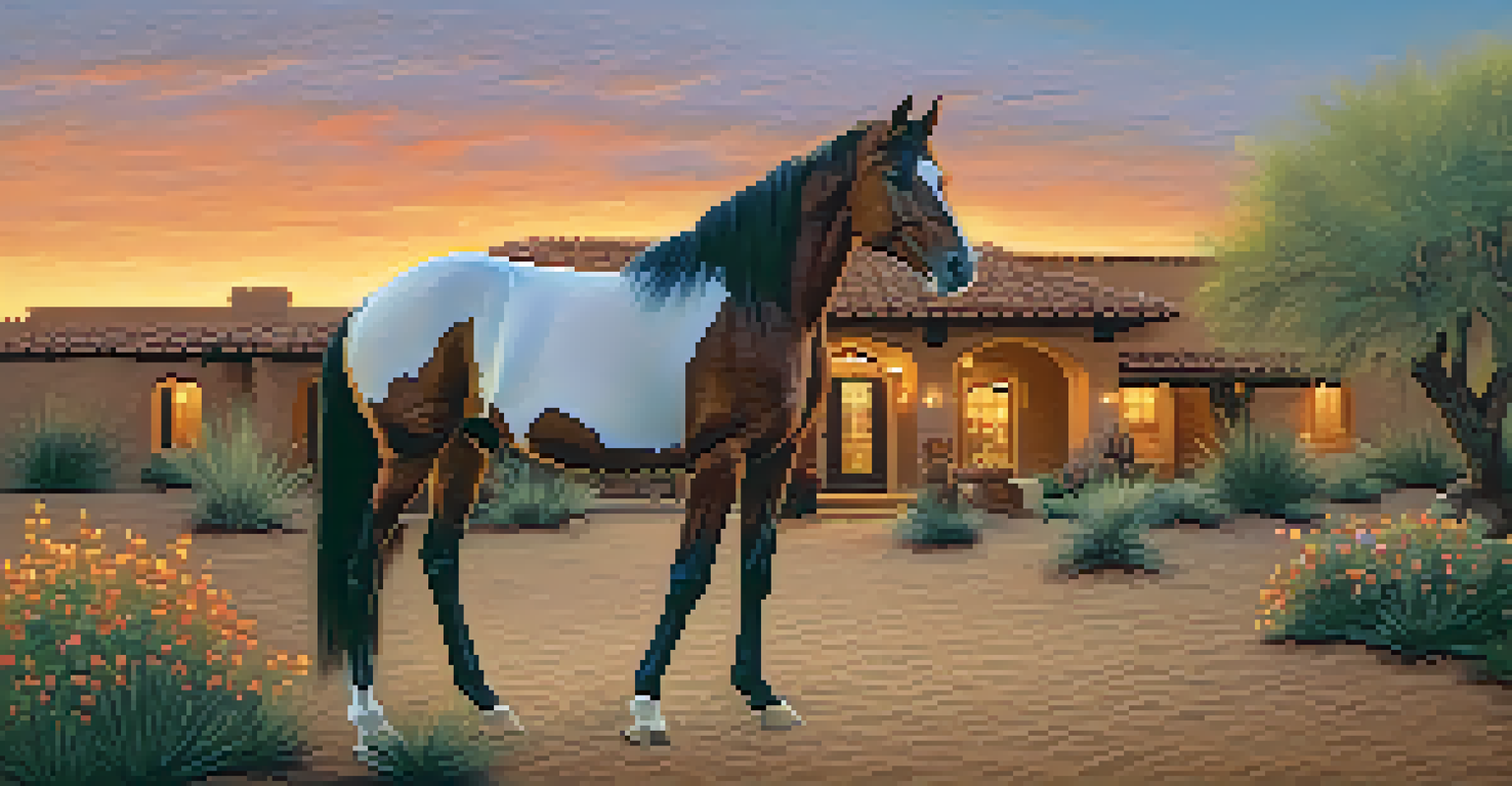 A stunning Arabian horse in front of a ranch house, surrounded by desert plants and a vibrant sunset sky.