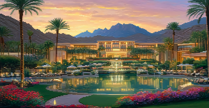 A luxurious hotel with beautiful gardens and a pool at sunset, surrounded by Camelback Mountain.