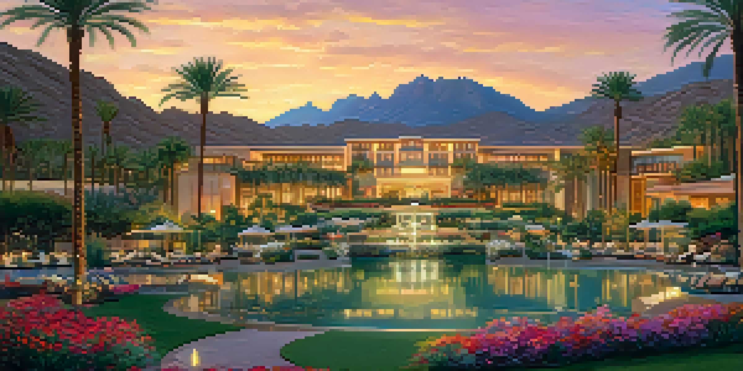 A luxurious hotel with beautiful gardens and a pool at sunset, surrounded by Camelback Mountain.