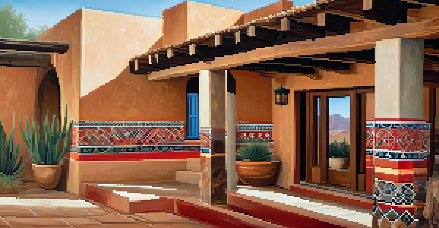 A detailed view of colorful handcrafted tiles and wooden beams in Southwestern architecture.