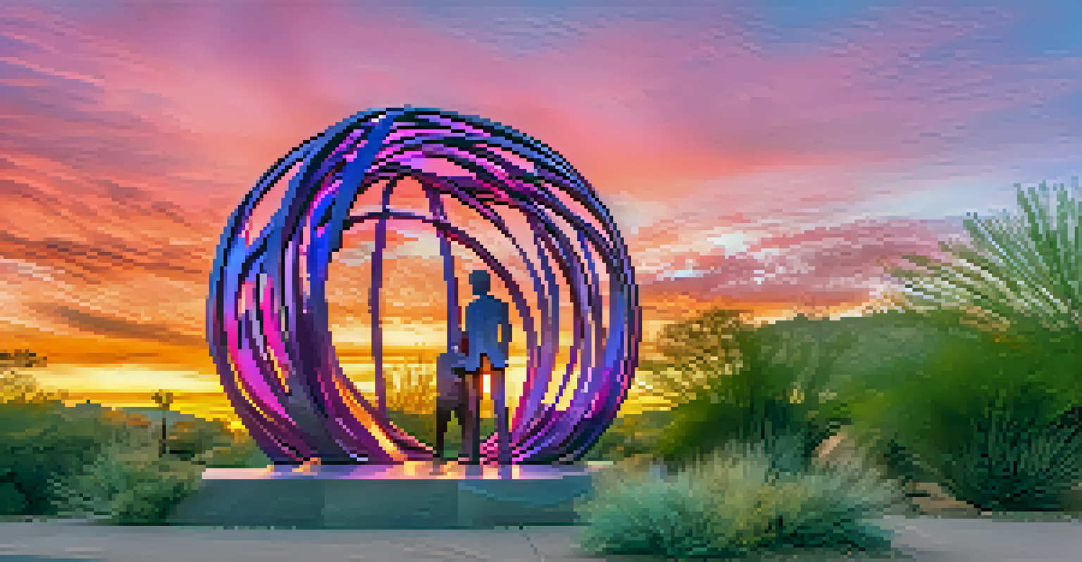 A large-scale outdoor sculpture in the Scottsdale Waterfront at sunset, surrounded by desert plants.