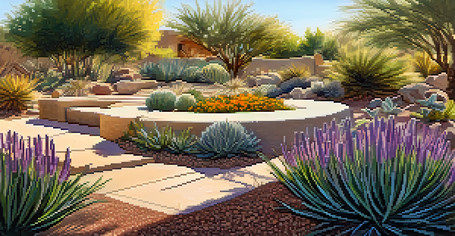 A detailed view of sustainable landscaping in Chaparral Park, featuring drought-tolerant plants and sunlight filtering through the foliage.