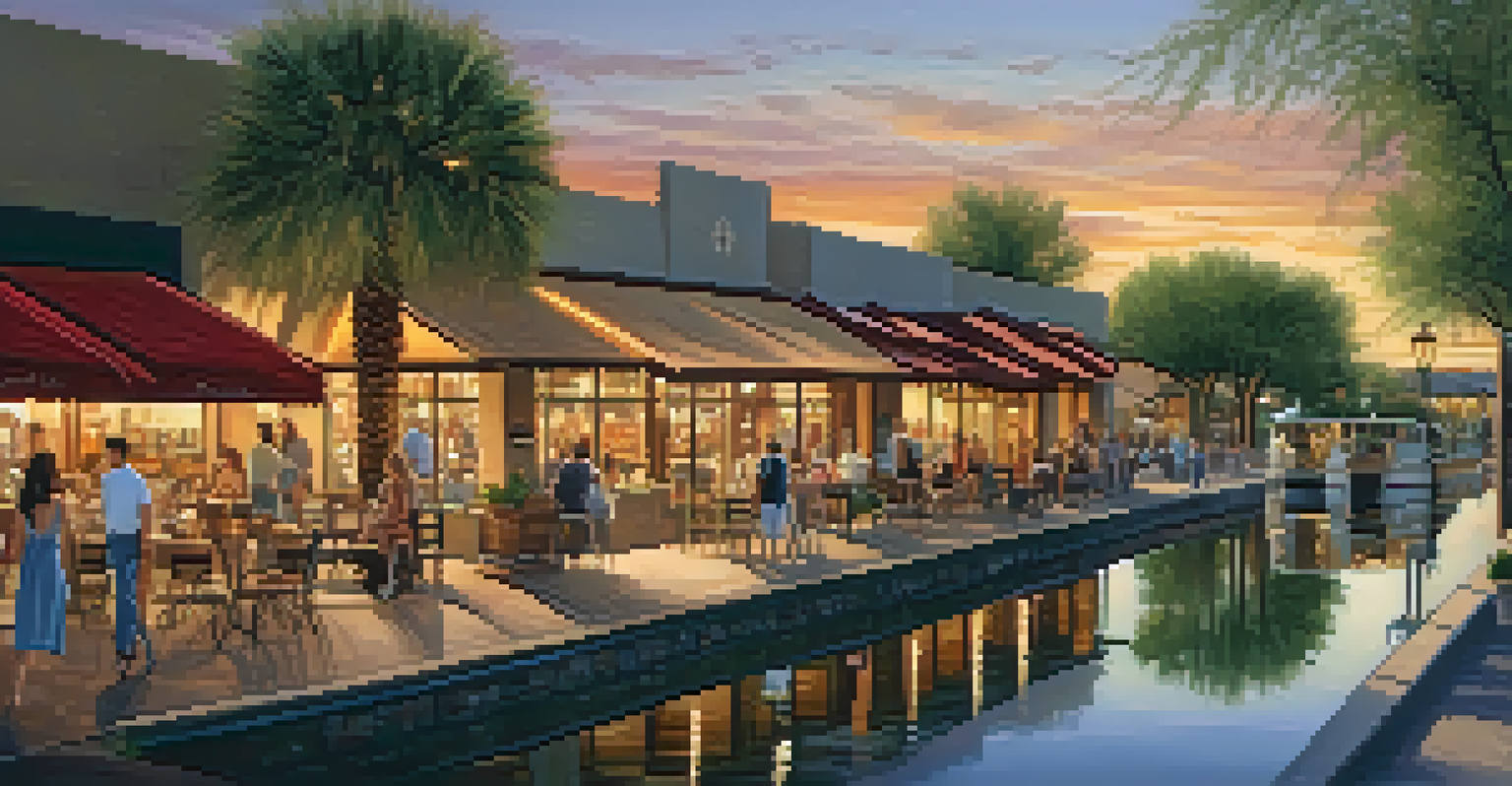 A shopping area by the water with luxury boutiques, people dining outside, and a beautiful sunset in the background.