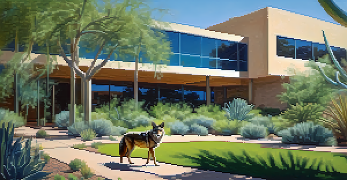 A coyote walking in a green park surrounded by modern buildings and desert plants under a sunny sky.