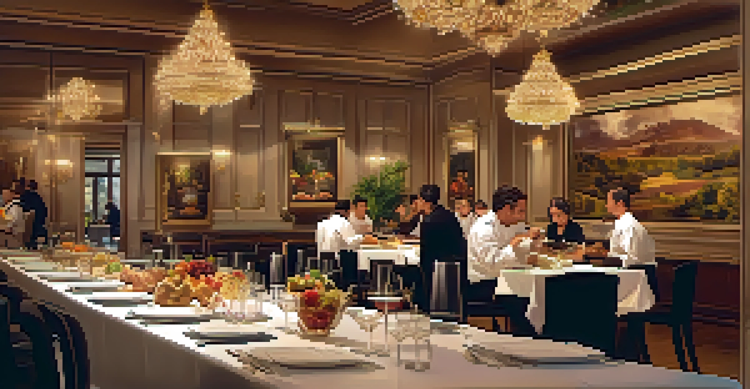 A chef's table setup in a luxury restaurant, featuring gourmet dishes and chefs in the background, with warm lighting.