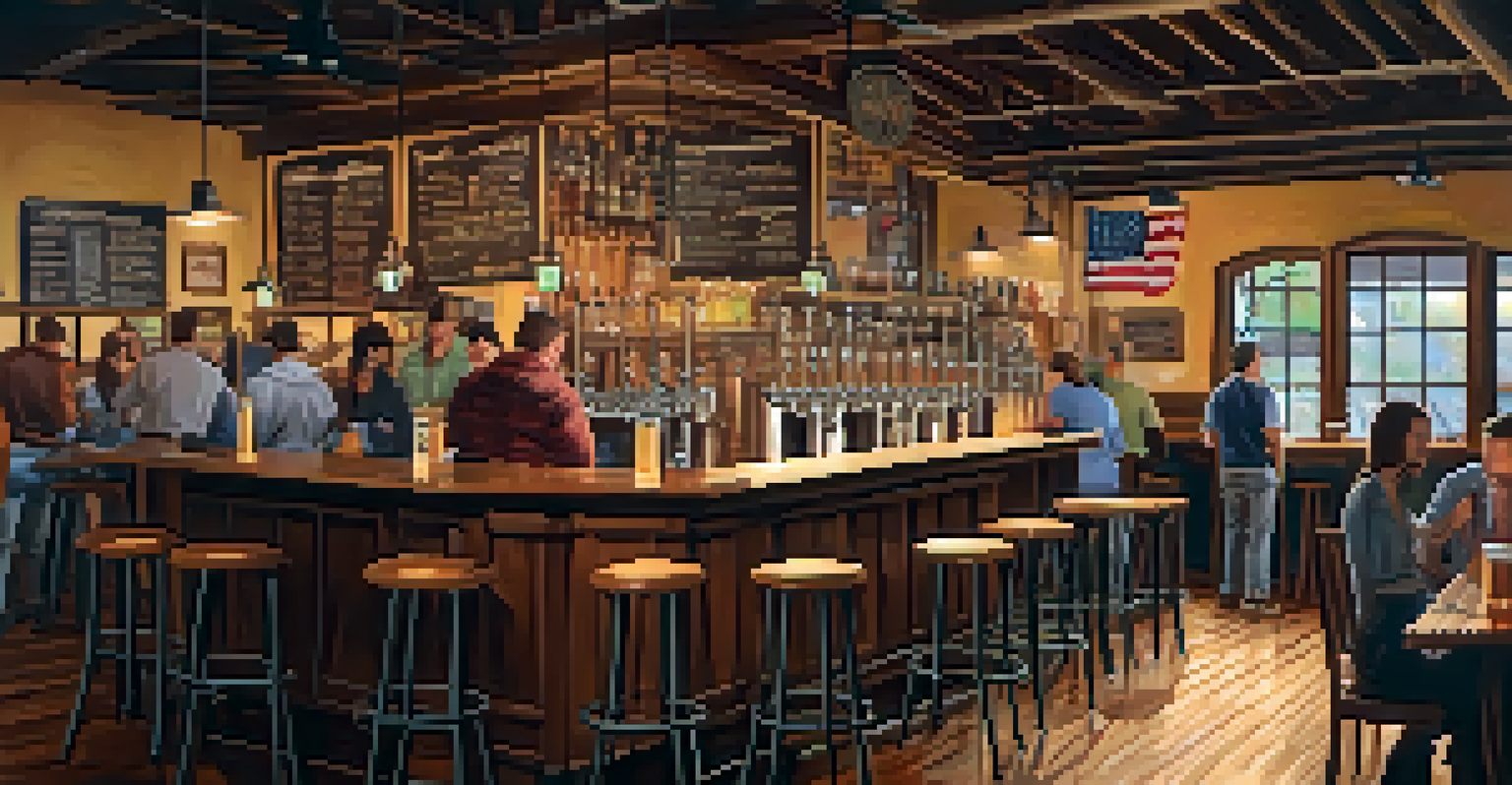 Interior of a craft brewery with a bar and patrons enjoying drinks, adorned with local art and warm lighting for a cozy atmosphere.