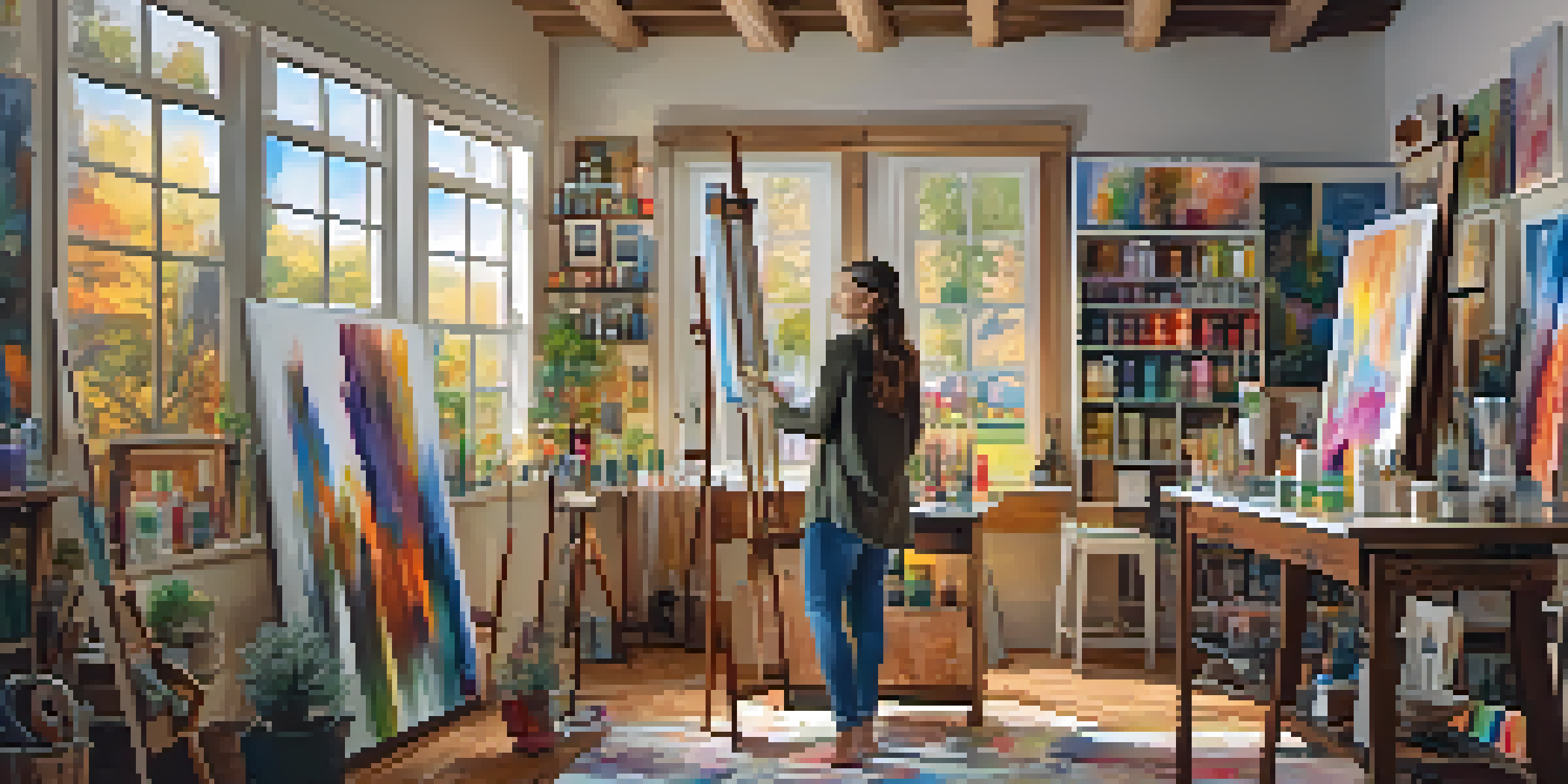 A beginner artist painting in a bright, cozy art studio filled with painting supplies and artworks on the walls.