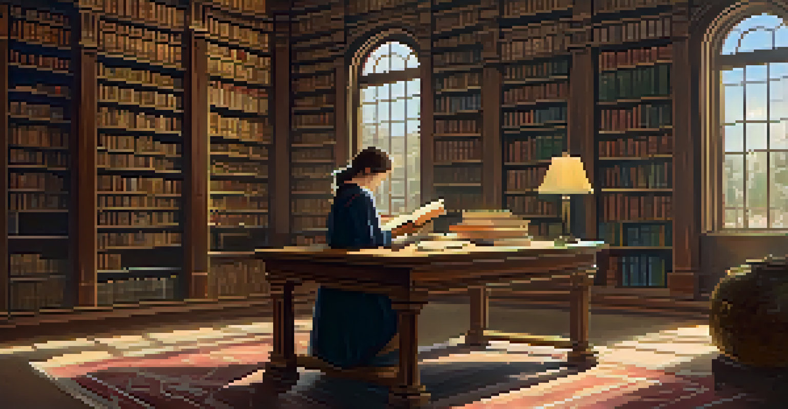 A person reading a historical book in a library filled with shelves of books and soft natural light.