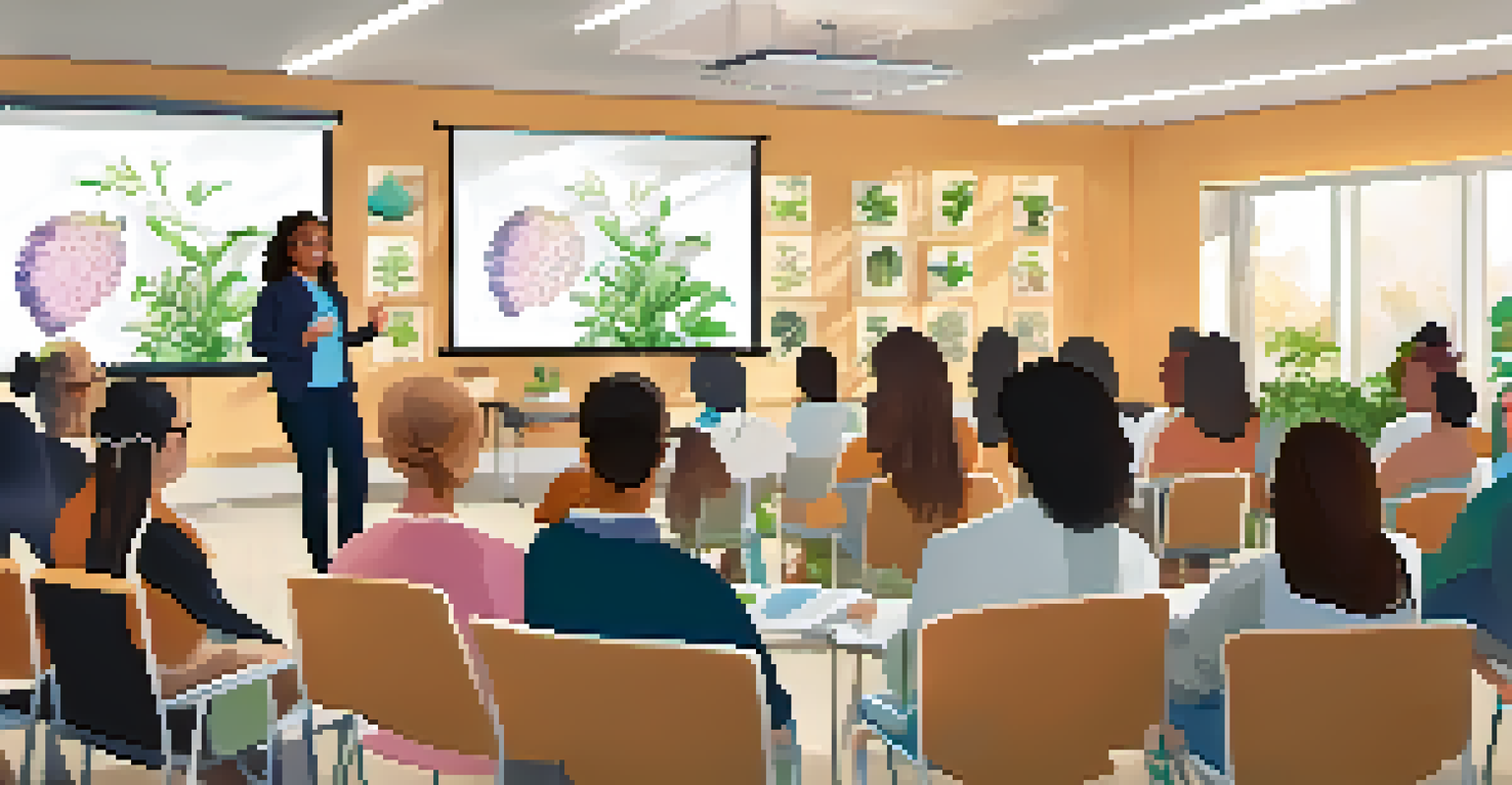 A wellness expert presenting a workshop on stress management at a health fair, with attendees engaged and a projector displaying visuals.
