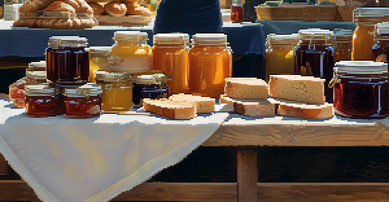 A vendor's table displaying artisanal products such as jams, bread, and honey, with shoppers sampling and warm lighting creating a cozy atmosphere.