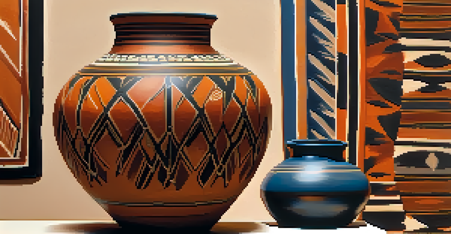 A detailed close-up of beautifully crafted Native American pottery, showcasing its intricate designs and textures in a gallery setting.