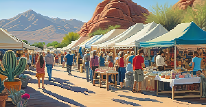 An outdoor craft fair in Scottsdale with colorful vendor booths and a desert landscape in the background.