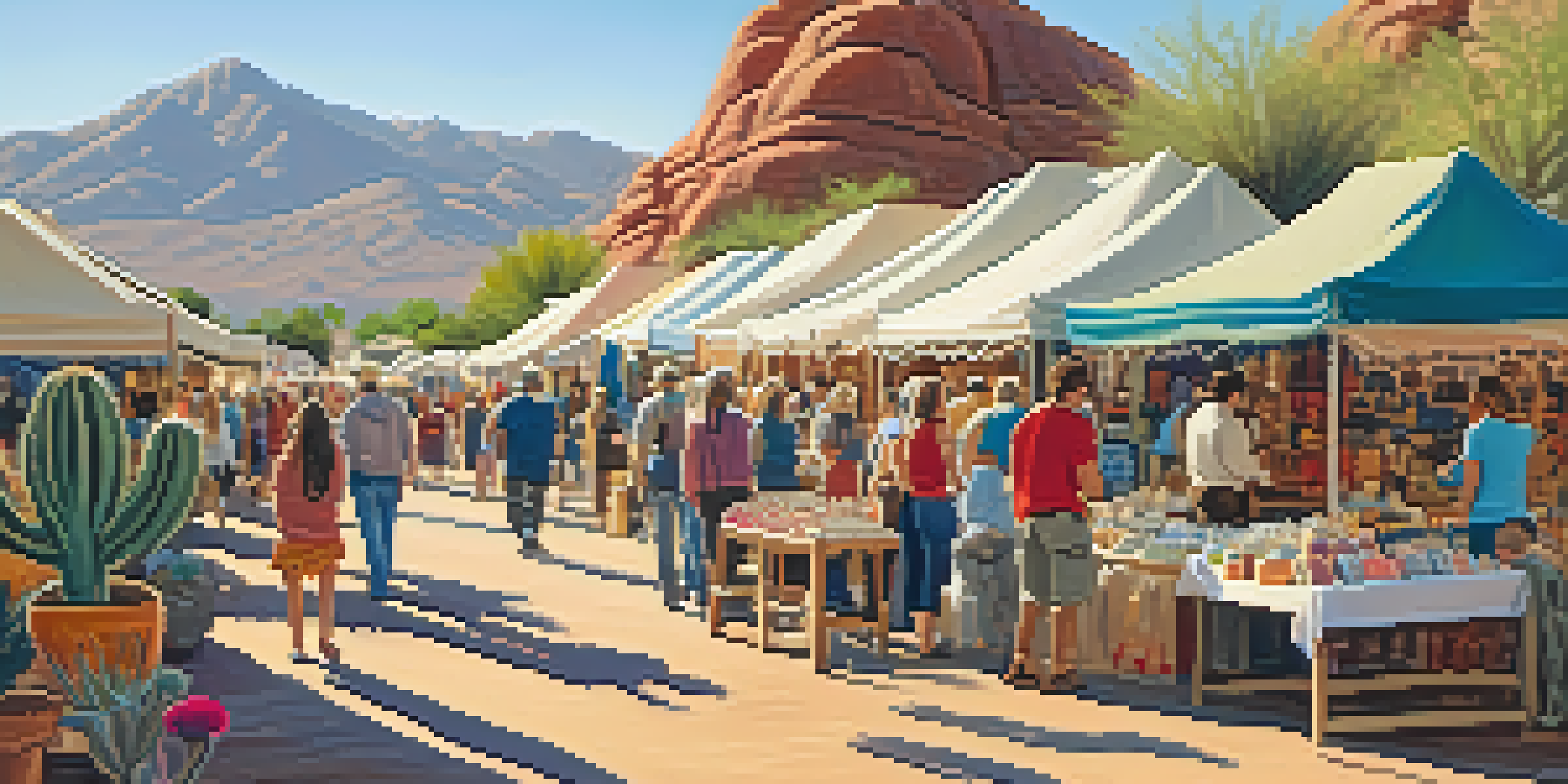 An outdoor craft fair in Scottsdale with colorful vendor booths and a desert landscape in the background.