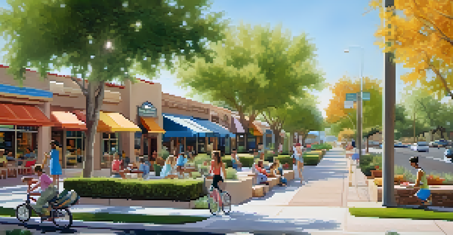 A vibrant Scottsdale neighborhood featuring a park with families and boutique shops, showcasing a lively community atmosphere.