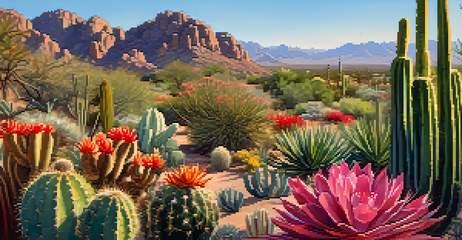 A cactus wren perched among cacti and colorful flora in the Desert Botanical Garden, Scottsdale.