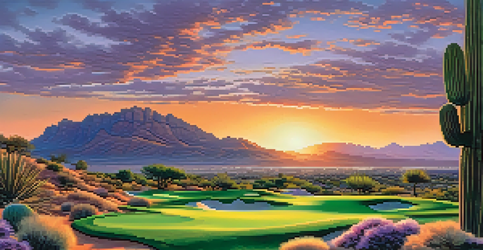 A scenic sunset view of Troon North Golf Club with golfers on the course, vibrant colors in the sky, and desert landscape.