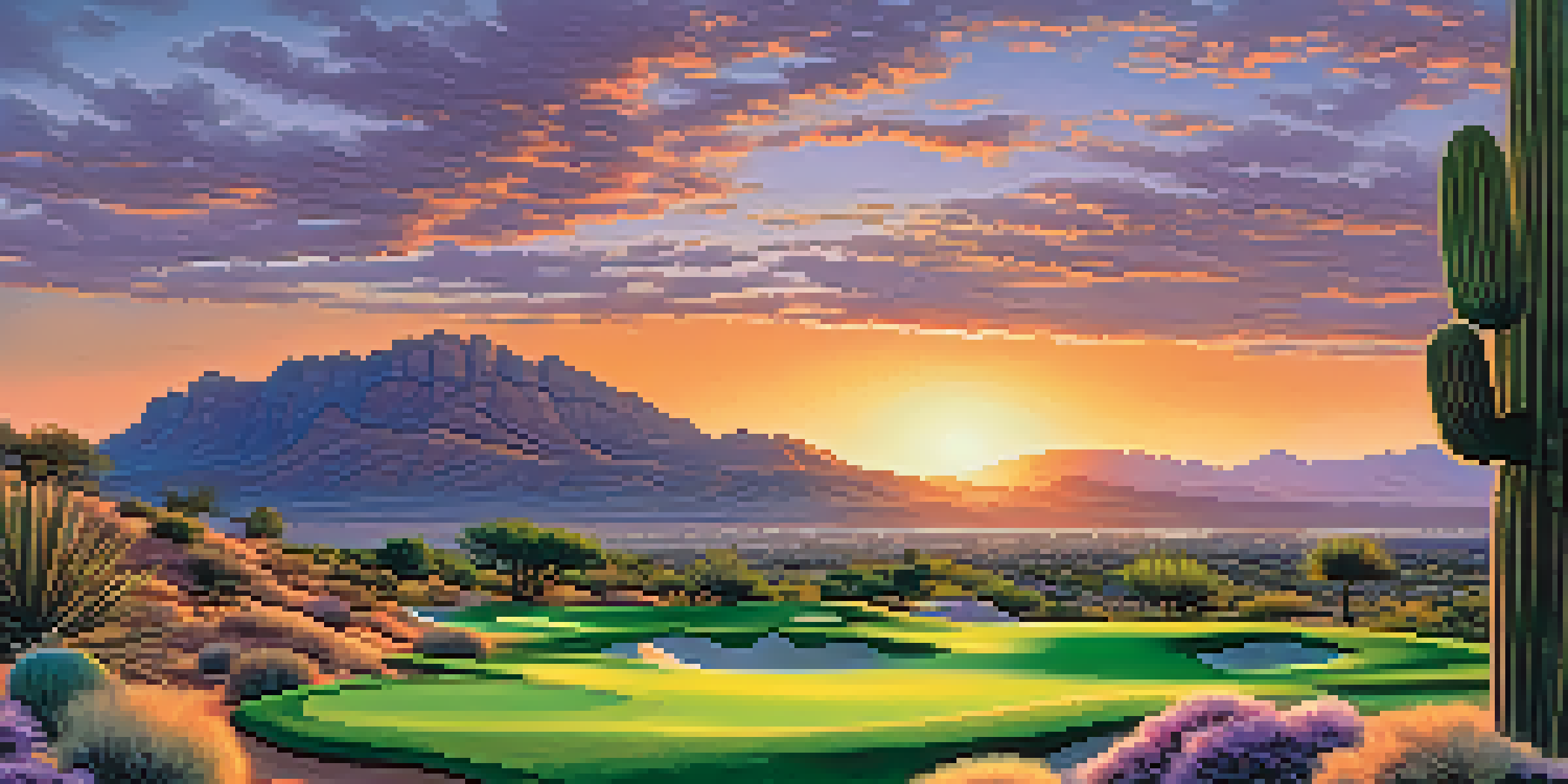 A scenic sunset view of Troon North Golf Club with golfers on the course, vibrant colors in the sky, and desert landscape.