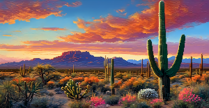 A tall saguaro cactus surrounded by colorful wildflowers during sunset in the Sonoran Desert.