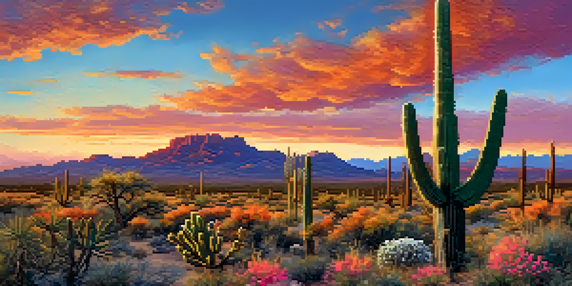 A tall saguaro cactus surrounded by colorful wildflowers during sunset in the Sonoran Desert.