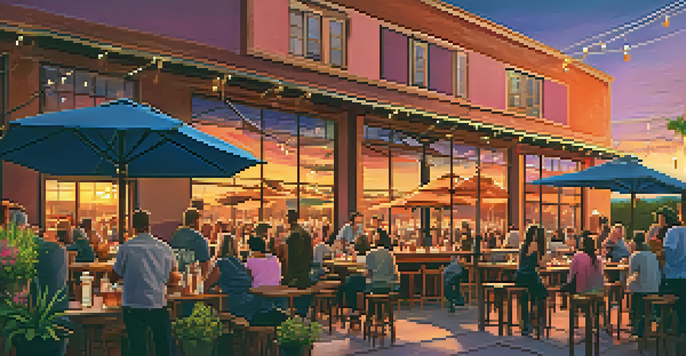 A lively outdoor brewery scene at sunset with patrons enjoying craft beer on a patio, surrounded by warm colors and fairy lights.