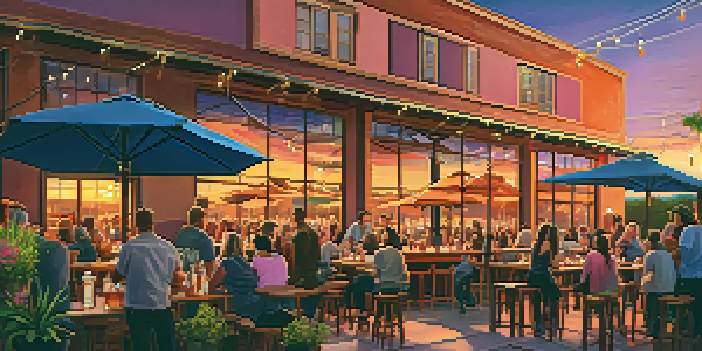 A lively outdoor brewery scene at sunset with patrons enjoying craft beer on a patio, surrounded by warm colors and fairy lights.