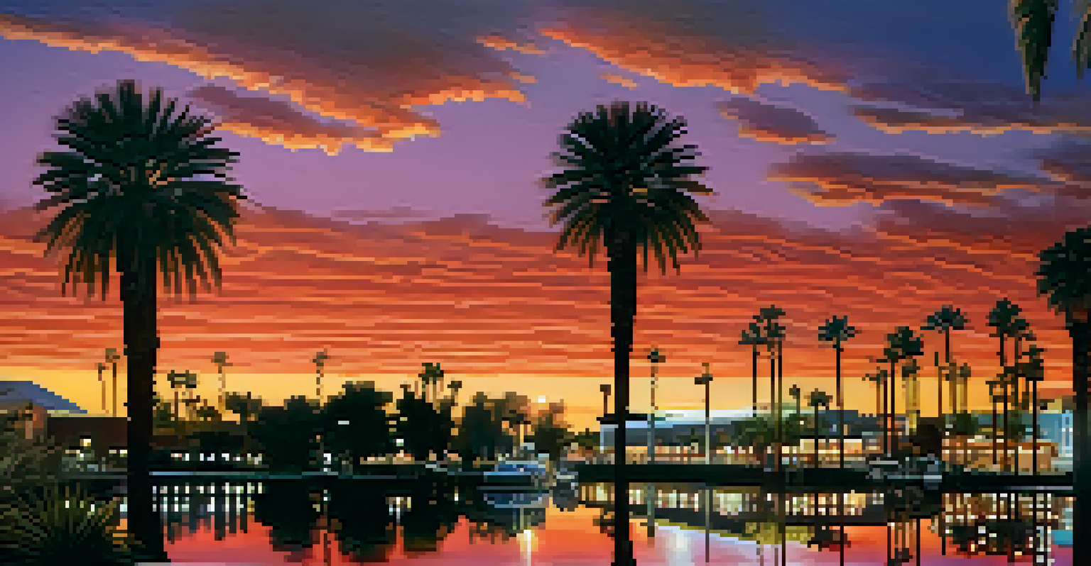 A picturesque sunset at the Scottsdale Waterfront with reflections in the water and silhouettes of palm trees.