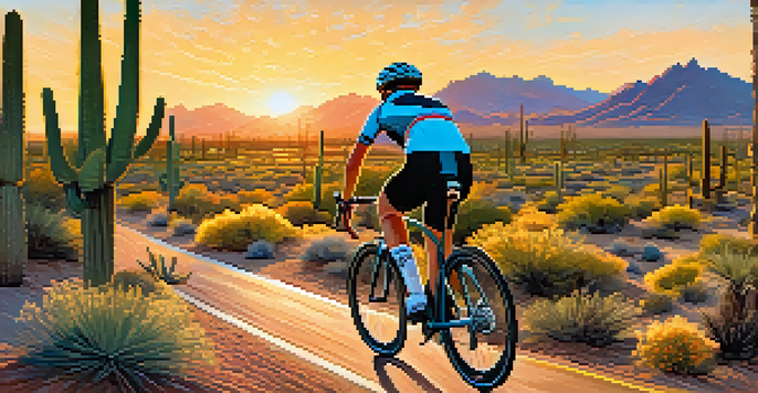 A cyclist riding through a desert landscape with cacti and mountains during sunset.