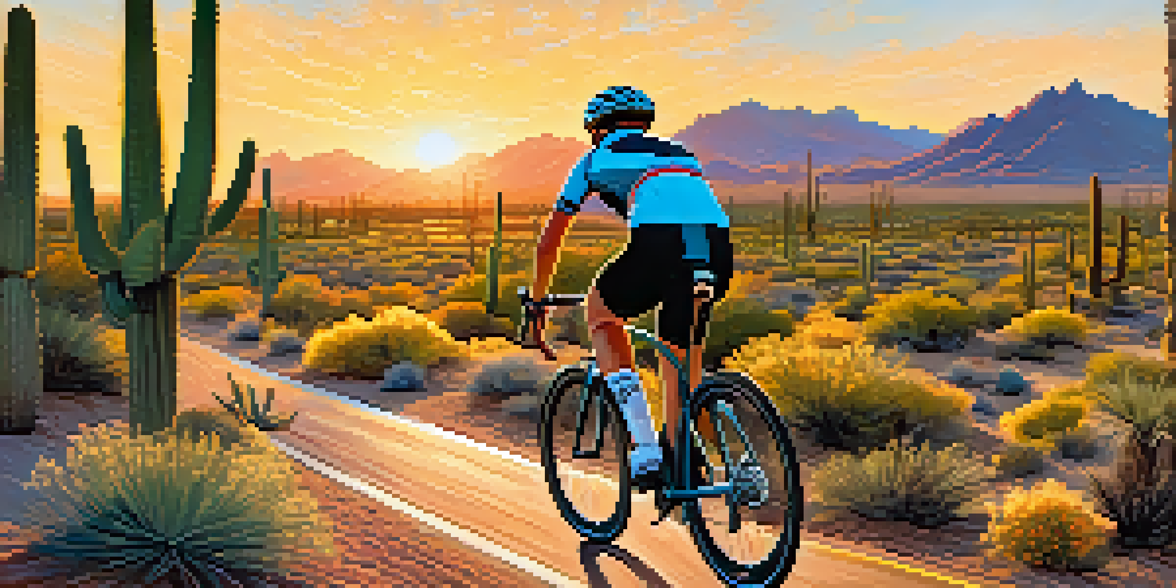 A cyclist riding through a desert landscape with cacti and mountains during sunset.