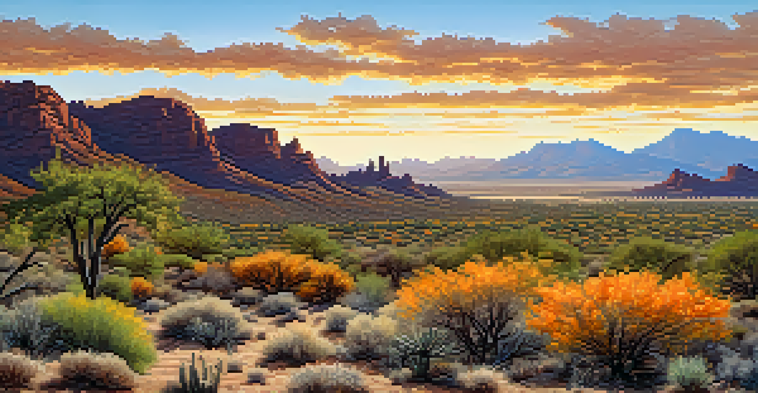 A scenic autumn view of a desert preserve filled with colorful plants and birds flying in the sky.