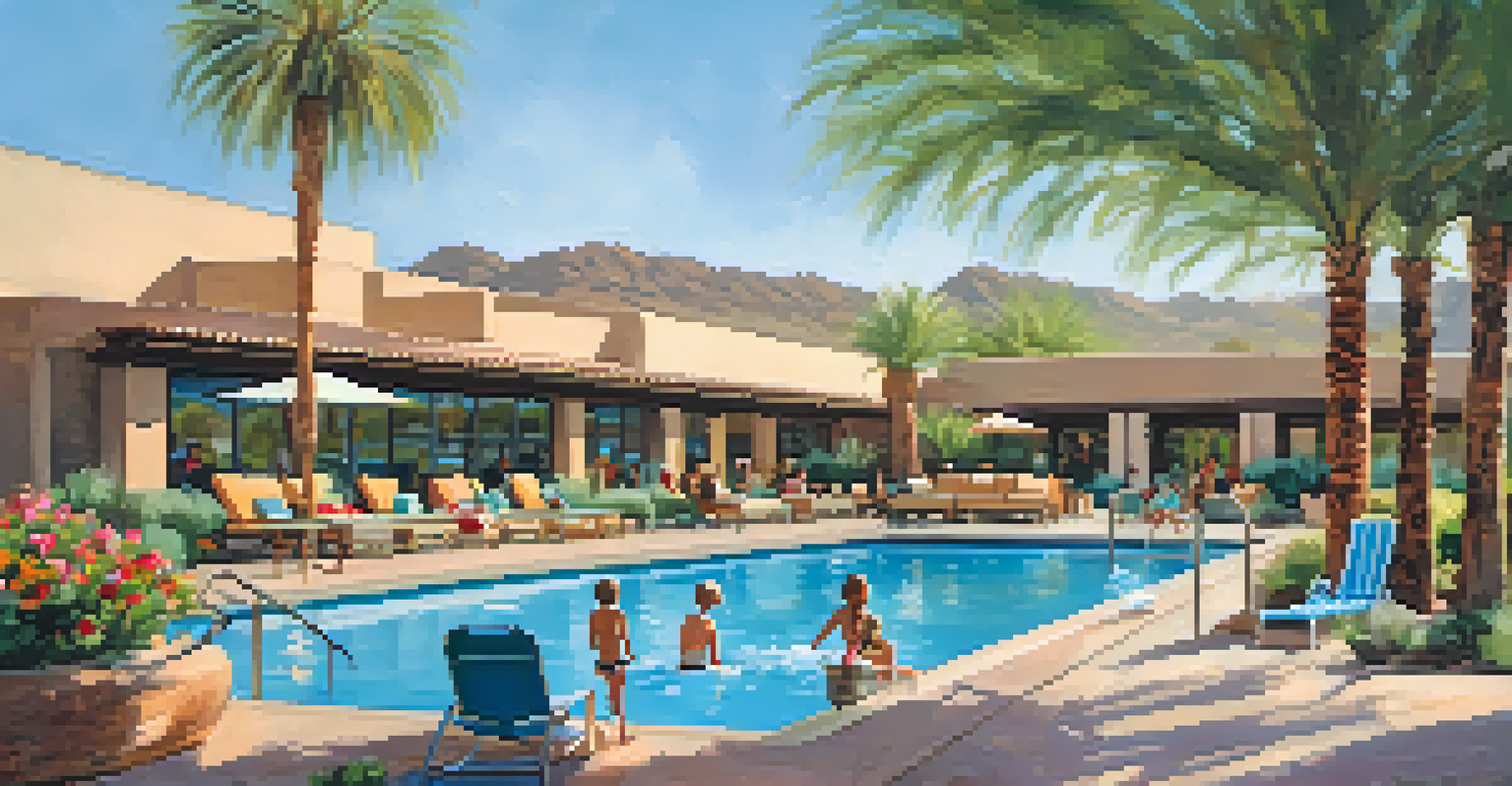 The family pool at JW Marriott Scottsdale Camelback Inn, with children playing in the water and parents relaxing nearby, surrounded by beautiful flowers and palm trees.
