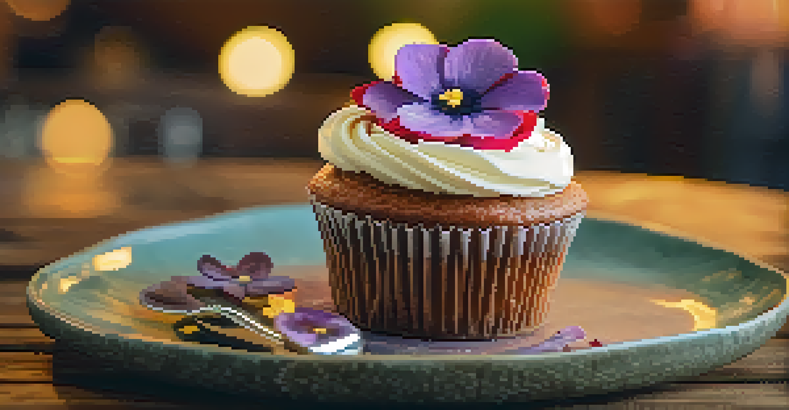 A close-up of a vegan cupcake with colorful frosting and edible flowers on a rustic wooden table in a cozy café setting.