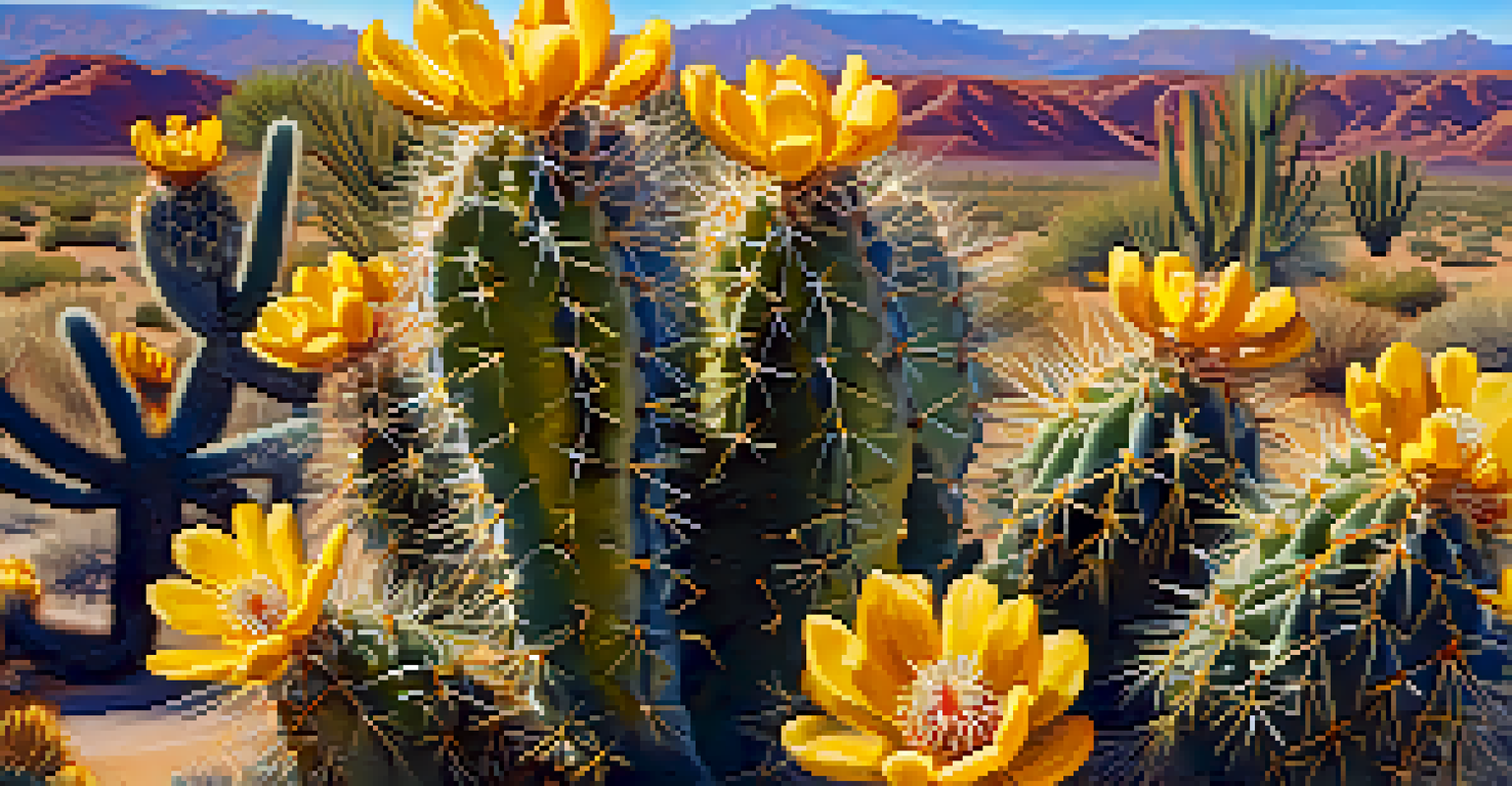 A close-up of a Teddy Bear Cholla cactus with yellow flowers, emphasizing its spines and segmented arms in a blurred desert background.