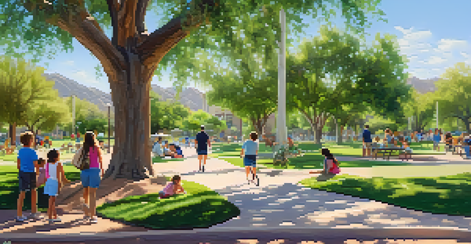A peaceful urban park in Scottsdale with families picnicking, children playing, and beautiful landscaping featuring native trees and wildflowers.