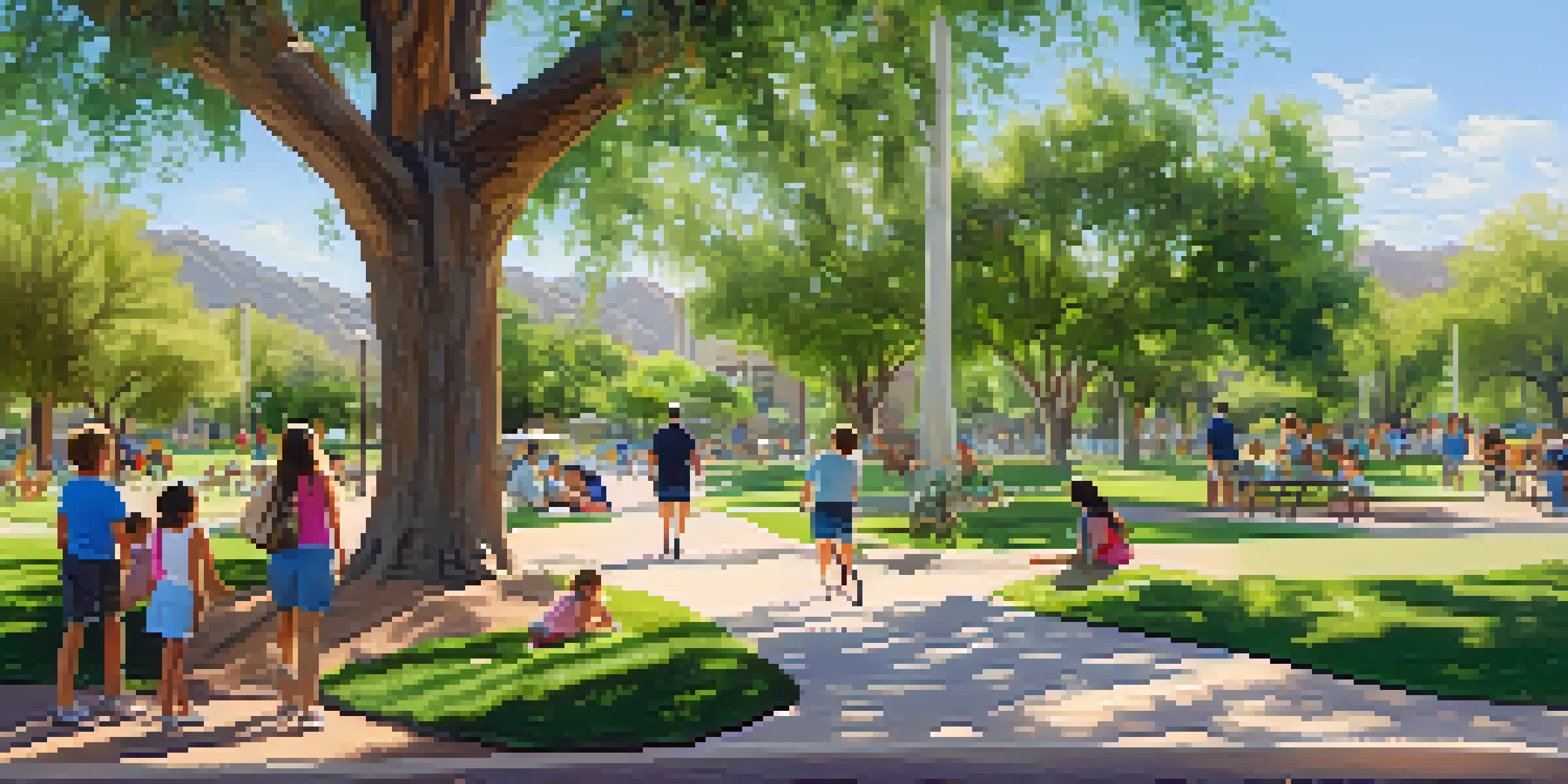 A peaceful urban park in Scottsdale with families picnicking, children playing, and beautiful landscaping featuring native trees and wildflowers.