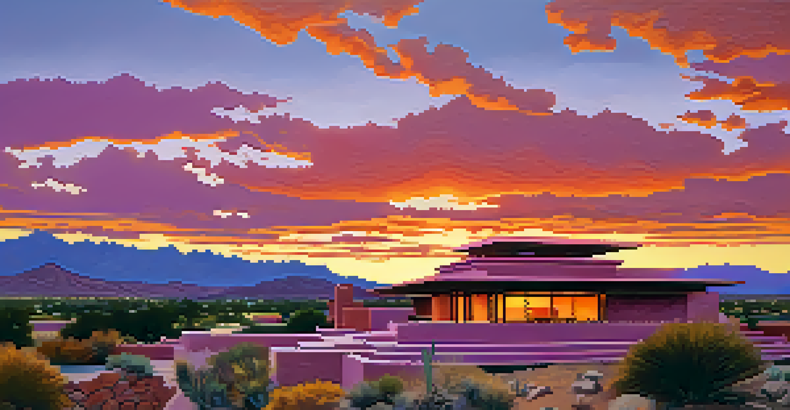 A sunset view of Taliesin West with vibrant colors in the sky and the silhouette of the architecture against the desert landscape.
