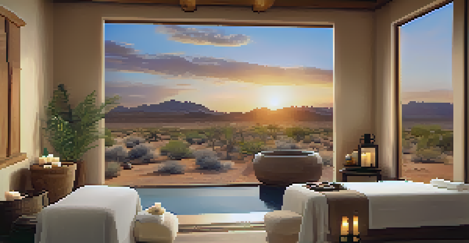 A luxurious spa room with soft lighting and a view of the desert, featuring plush towels and essential oil diffusers.