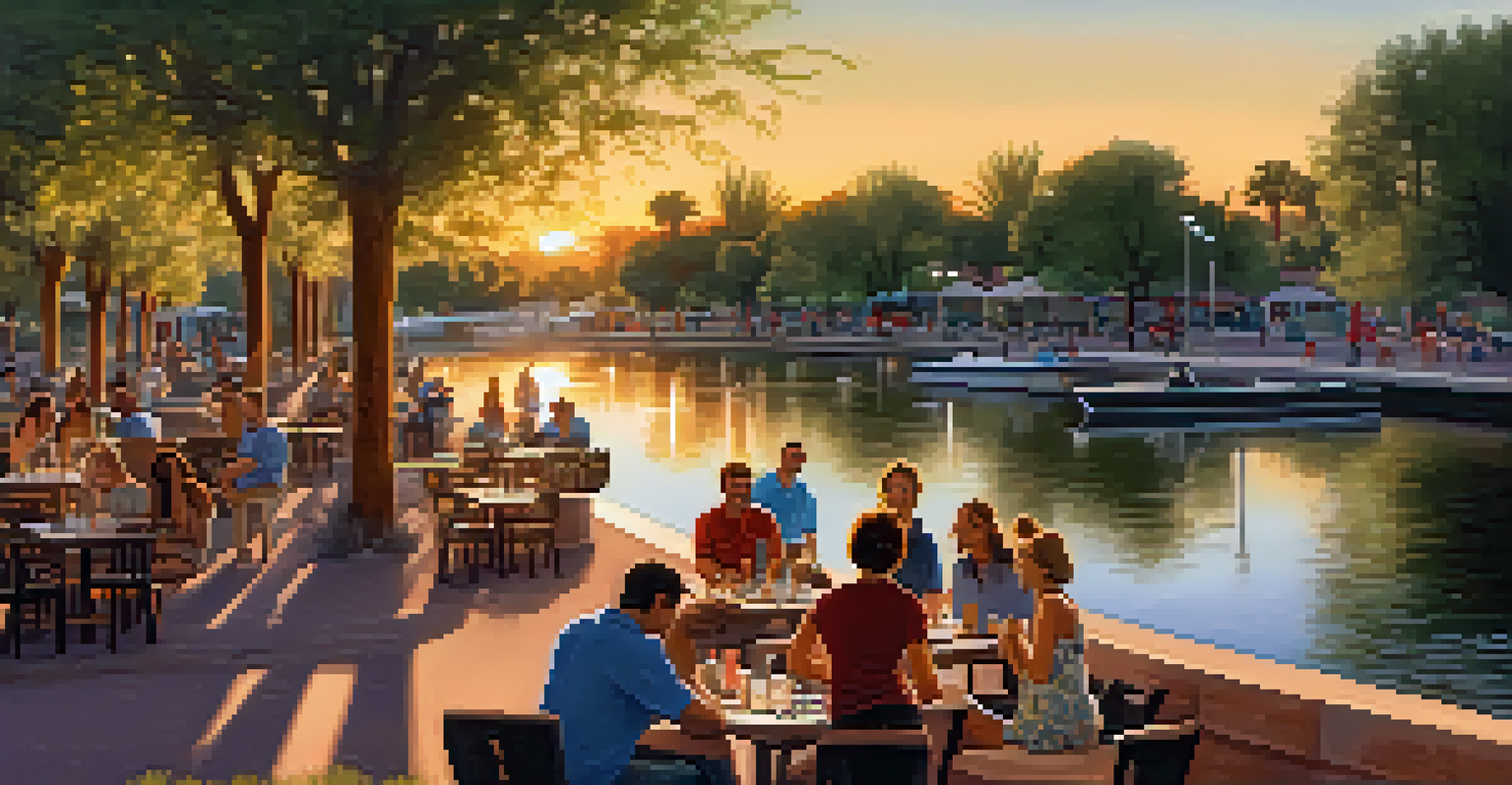 An evening picnic by a canal with glowing sunset, people sitting at tables, and boats gliding by.