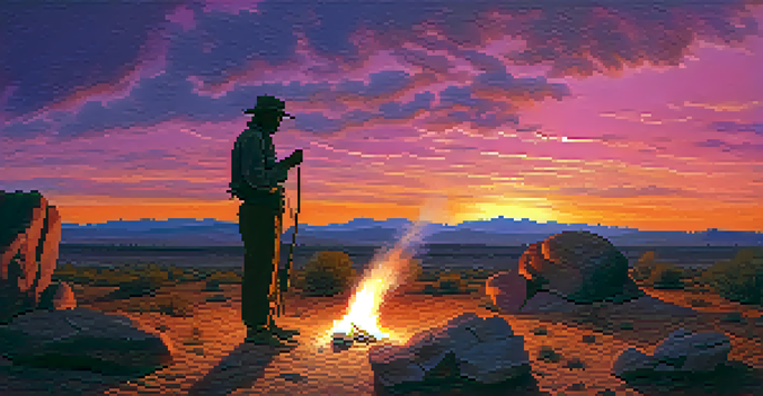 A person silhouetted against a colorful sunset in the desert, practicing fire-making skills.