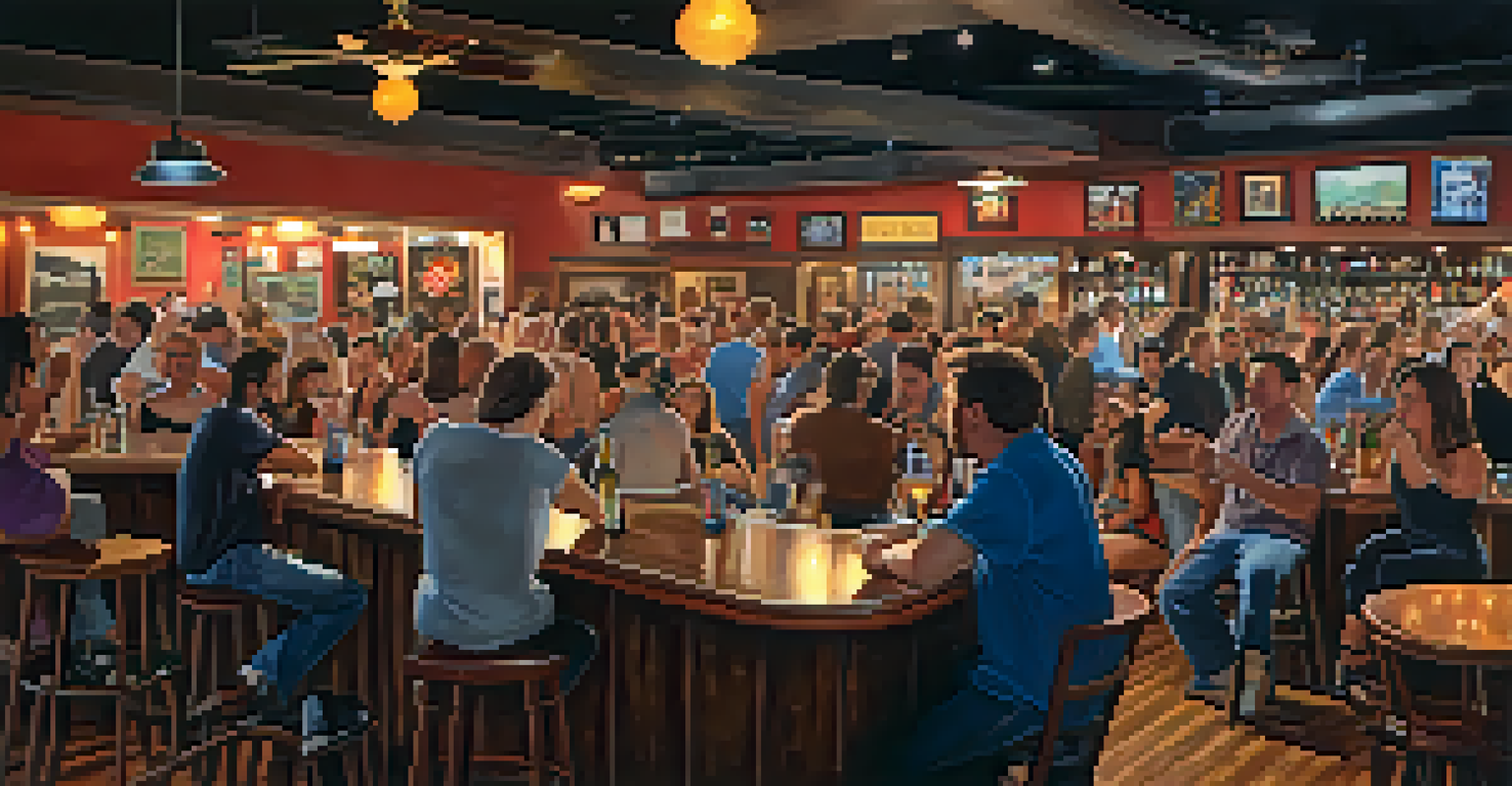 A lively local bar during an open mic night, with musicians performing on stage and an engaged audience enjoying the atmosphere.