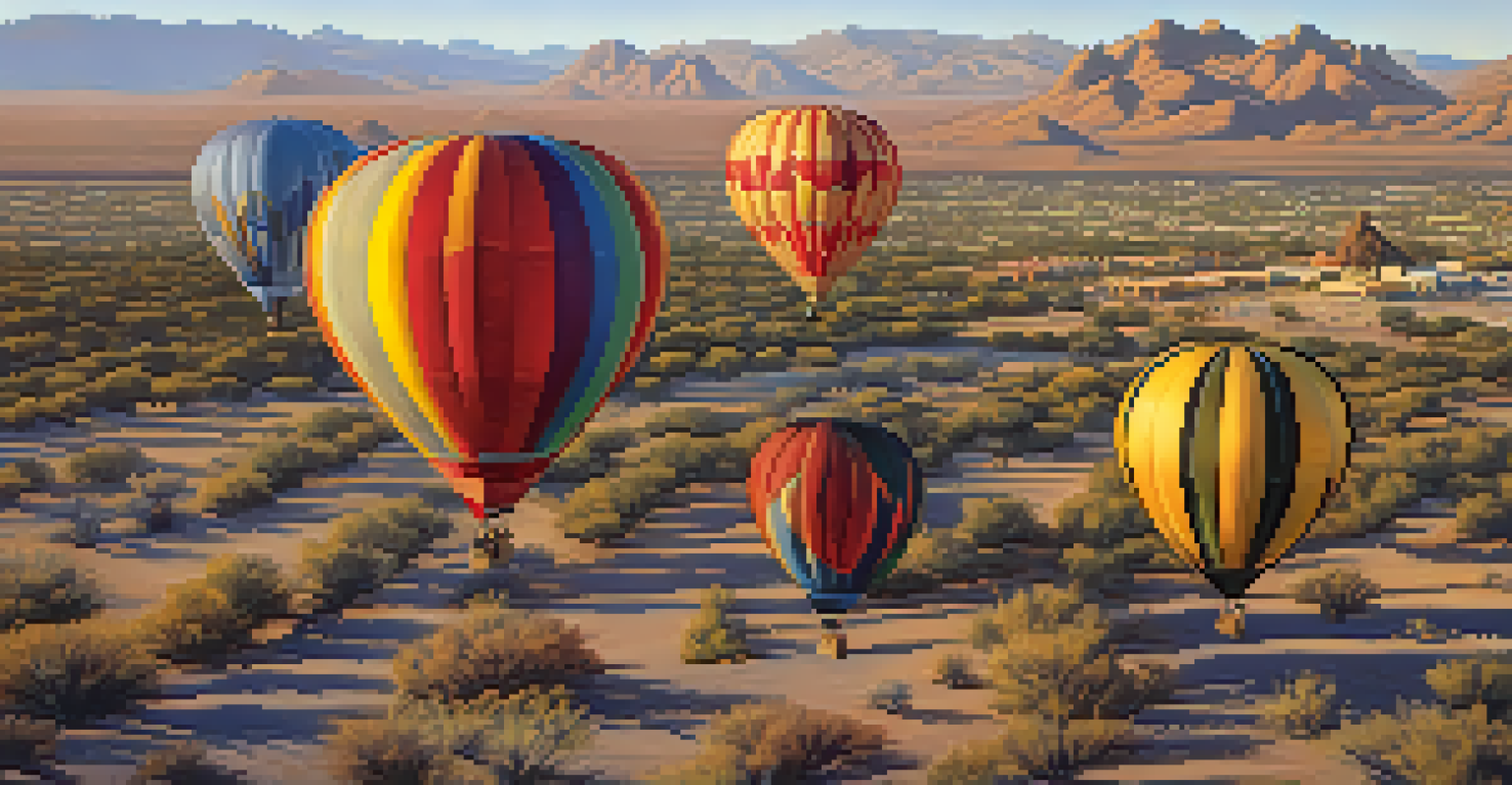 Aerial view of multiple colorful hot air balloons rising in the clear morning sky over the desert of Scottsdale, showcasing the vibrant colors against the earthy terrain.
