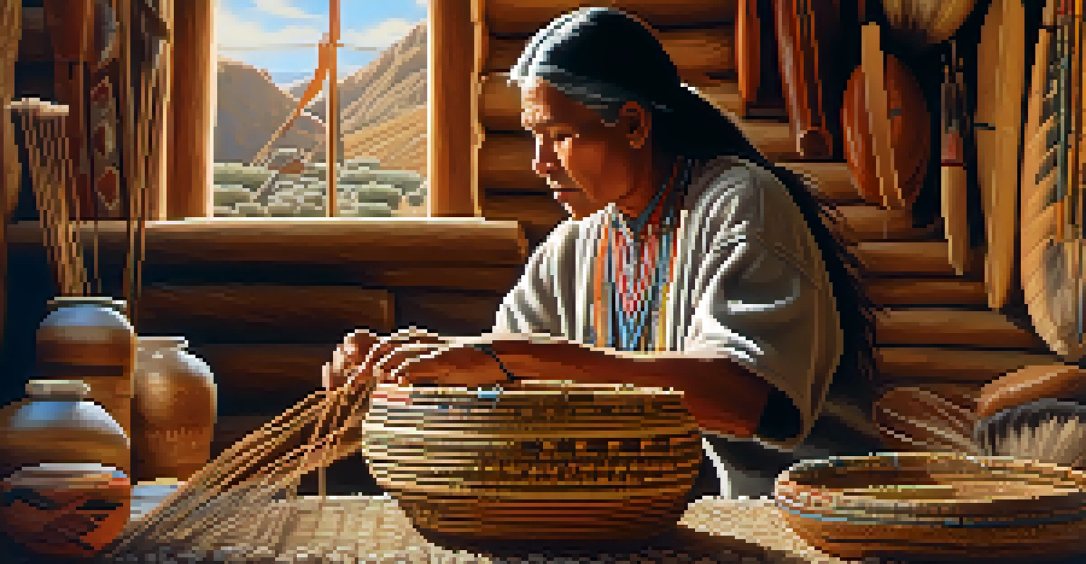 A close-up of a Native American artist weaving a basket, highlighting the intricate craftsmanship and cultural art surrounding them.